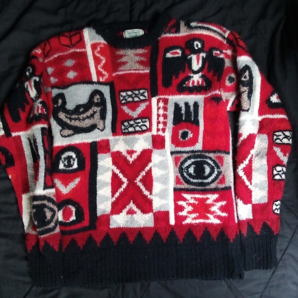 Vintage Northwest Passages Pacific Northwest Totem Art Wool Crewneck Sweater - Picture 2 of 6